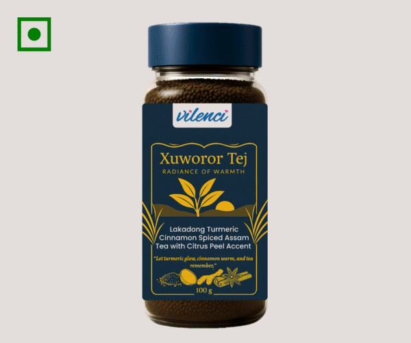 Vilenci Radiance of Warmth | Lakadong Turmeric Cinnamon Spiced Assam Tea | Handcrafted Masala Chai with Citrus Peel Accent